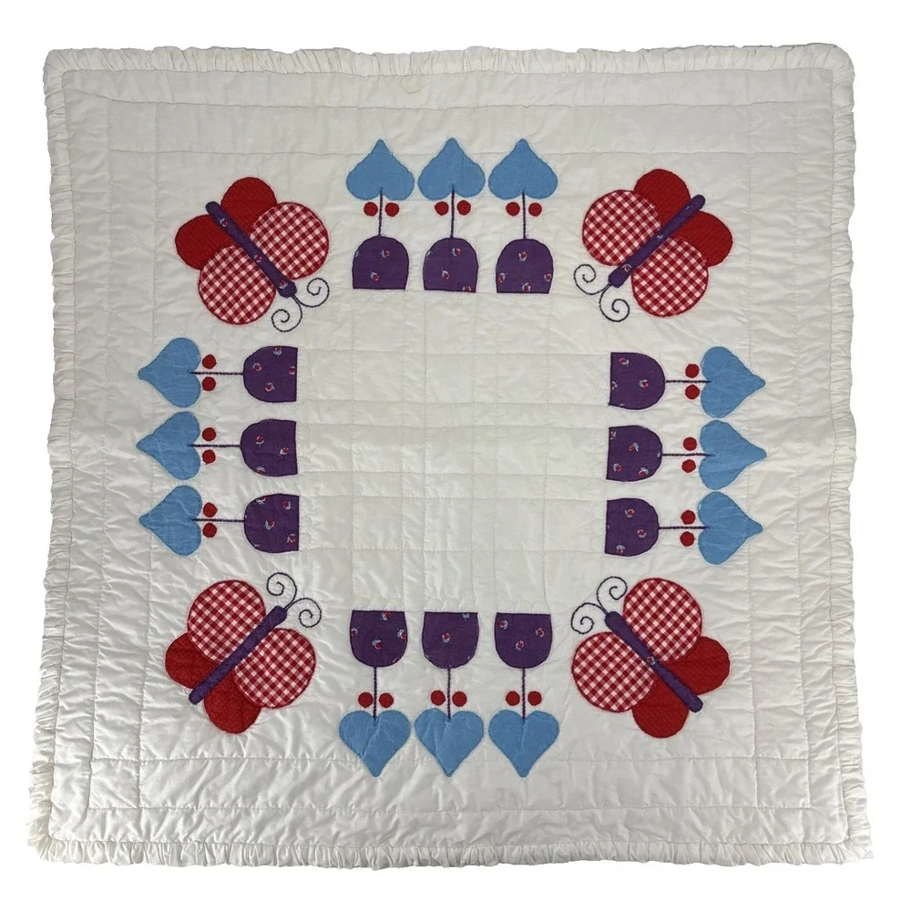Vintage Handmade Butterfly & Flower Baby Blanket Quilt 39x39
